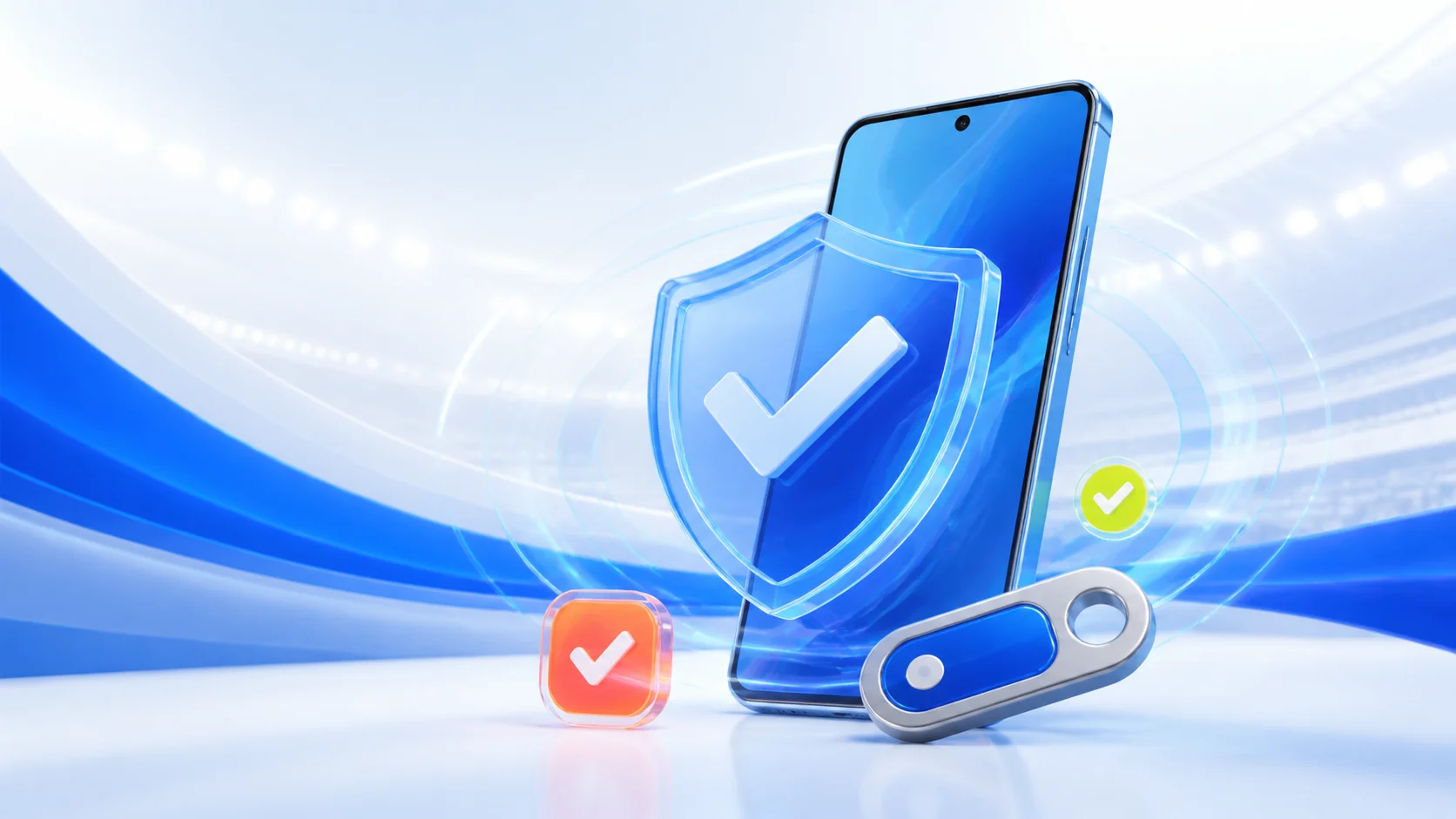 Жарқын экрандағы телефон, қорғаныс қалқаны және аккаунт кілті